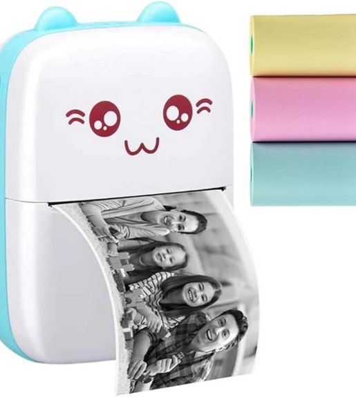 Mini Impressora Termica Portatil Gatinho- Azul Claro e Branco