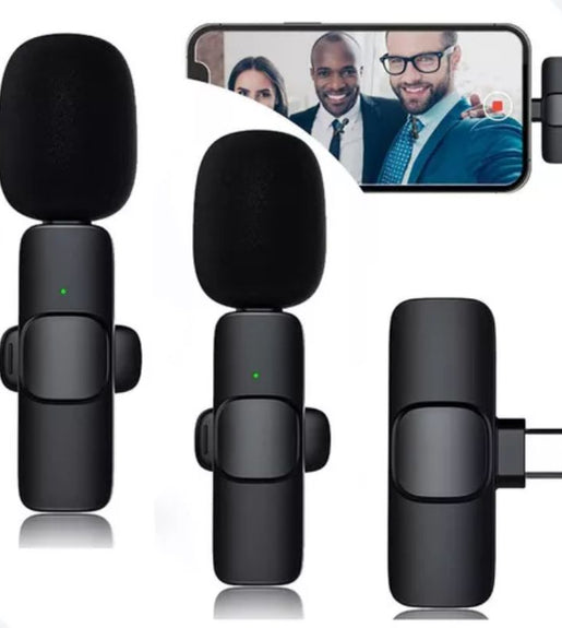 Microfone Lapela Celular Sem Fio Duplo Tipo C - Preto